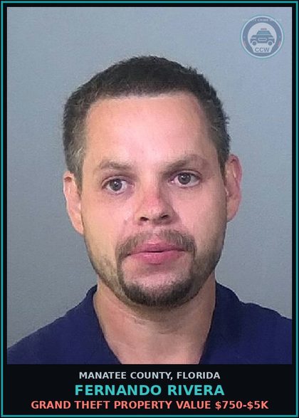 CCW arrest card for FERNANDO RIVERA in Manatee County: GRAND THEFT PROPERTY VALUE $750-$5K
