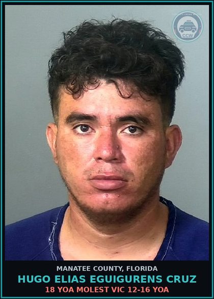 CCW arrest card for HUGO ELIAS EGUIGURENS CRUZ in Manatee County: 18 YOA MOLEST VICTIM 12-16 YOA