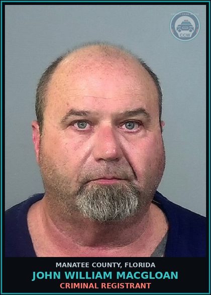 CCW arrest card for JOHN WILLIAM MACGLOAN in Manatee County: CRIMINAL REGISTRANT