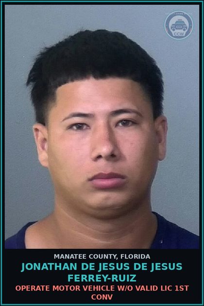 CCW arrest card for JONATHAN DE JESUS DE JESUS FERREY-RUIZ in Manatee County: OPERATE MOTOR VEHICLE W/O VALID LIC 1ST CONV