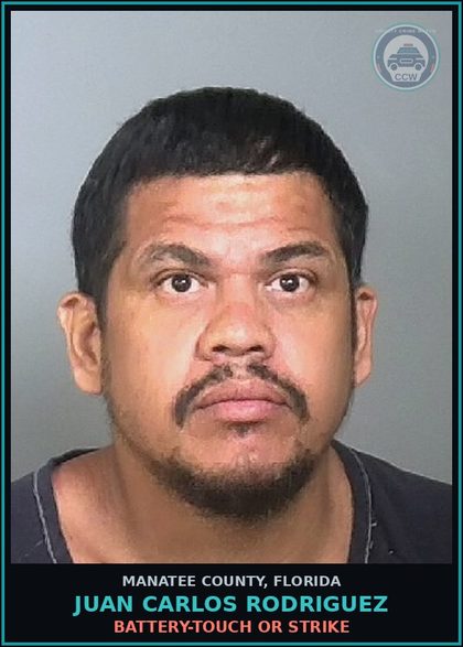 CCW arrest card for JUAN CARLOS RODRIGUEZ in Manatee County: DWLSR REVOCATION EQUIV STATUS 2ND SUBS OFF