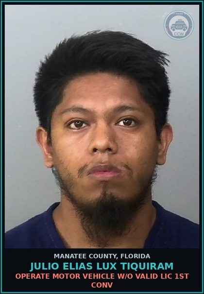 CCW arrest card for JULIO ELIAS LUX TIQUIRAM in Manatee County: OPERATE MOTOR VEHICLE W/O VALID LIC 1ST CONV