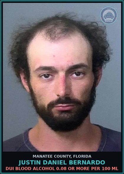 CCW arrest card for JUSTIN DANIEL BERNARDO in Manatee County: DUI BLOOD ALCOHOL 0.08 OR MORE PER 100 ML