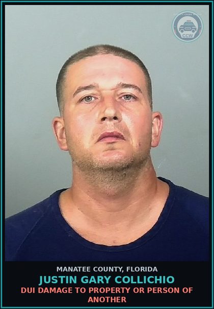 CCW arrest card for JUSTIN GARY COLLICHIO in Manatee County: DUI DAMAGE TO PROPERTY OR PERSON OF ANOTHER