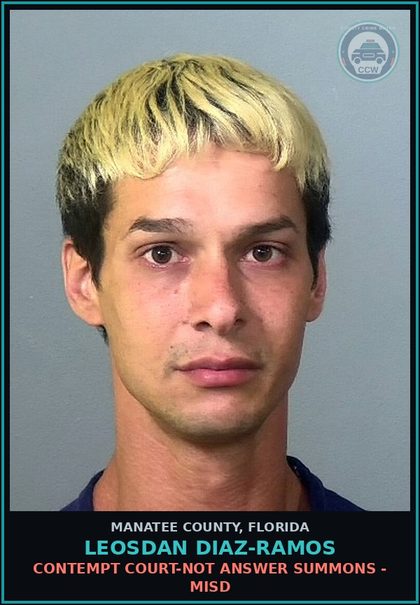 CCW arrest card for LEOSDAN DIAZ-RAMOS in Manatee County: CONTEMPT COURT-NOT ANSWER SUMMONS - MISD