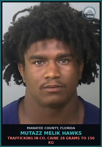 CCW arrest card for MUTAZZ MELIK HAWKS in Manatee County: TRAFFICKING IN COCAINE 28 GRAMS TO 150 KG
