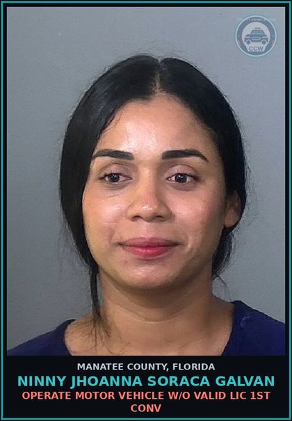 CCW arrest card for NINNY JHOANNA SORACA GALVAN in Manatee County: OPERATE MOTOR VEHICLE W/O VALID LIC 1ST CONV