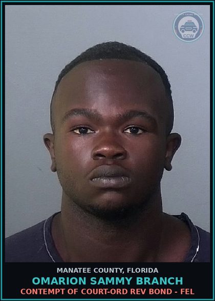 CCW arrest card for OMARION SAMMY BRANCH in Manatee County: CONTEMPT OF COURT-ORD REV BOND - FEL