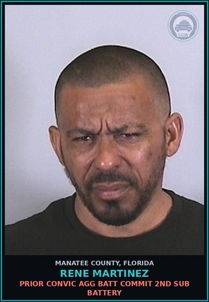 CCW arrest card for RENE MARTINEZ in Manatee County: PRIOR CONVIC AGG BATT COMMIT 2ND SUB BATTERY