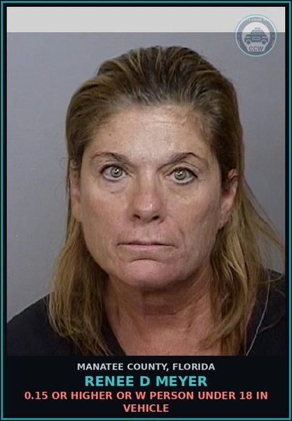 CCW arrest card for RENEE D MEYER in Manatee County: 0.15 OR HIGHER OR W PERSON UNDER 18 IN VEHICLE