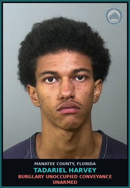 CCW arrest card for TADARIEL HARVEY in Manatee County: BURGLARY UNOCCUPIED CONVEYANCE UNARMED