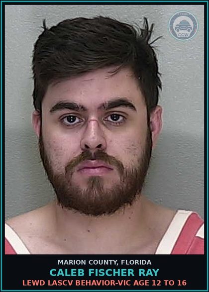 CCW arrest card for CALEB FISCHER RAY in Marion County: LEWD LASCV BEHAVIOR-VIC AGE 12 TO 16