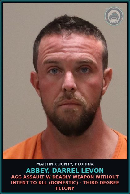 CCW arrest card for ABBEY, DARREL LEVON in Martin County: AGG ASSAULT W DEADLY WEAPON WITHOUT INTENT TO KILL (DOMESTIC) - Third Degree Felony