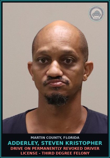 CCW arrest card for ADDERLEY, STEVEN KRISTOPHER in Martin County: DRIVE ON PERMANENTLY REVOKED DRIVER LICENSE - Third Degree Felony