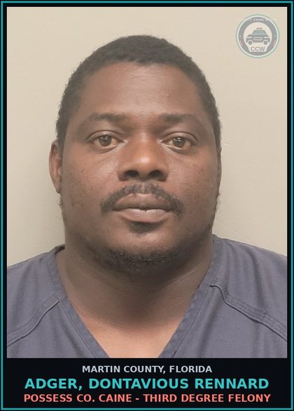 CCW arrest card for ADGER, DONTAVIOUS RENNARD in Martin County: POSSESS COCAINE - Third Degree Felony