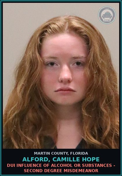 CCW arrest card for ALFORD, CAMILLE HOPE in Martin County: DUI INFLUENCE OF ALCOHOL OR DRUGS - Second Degree Misdemeanor