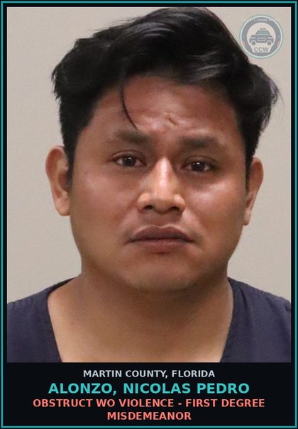 CCW arrest card for ALONZO, NICOLAS PEDRO in Martin County: OBSTRUCT WO VIOLENCE - First Degree Misdemeanor