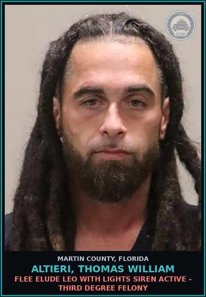 CCW arrest card for ALTIERI, THOMAS WILLIAM in Martin County: FLEE ELUDE LEO WITH LIGHTS SIREN ACTIVE - Third Degree Felony