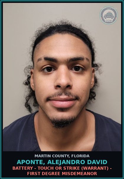CCW arrest card for APONTE, ALEJANDRO DAVID in Martin County: BATTERY - TOUCH OR STRIKE (WARRANT) - First Degree Misdemeanor