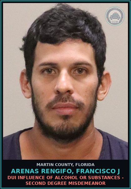 CCW arrest card for Arenas Rengifo, Francisco J in Martin County: DUI INFLUENCE OF ALCOHOL OR DRUGS - Second Degree Misdemeanor