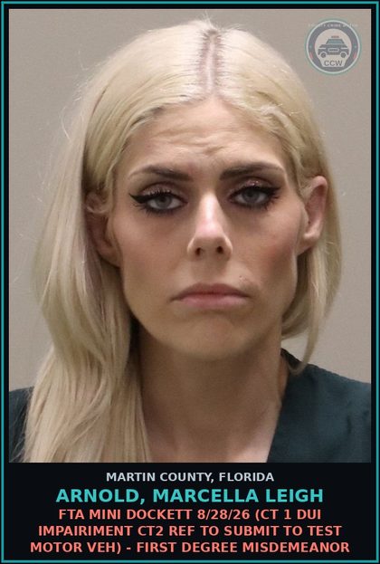 CCW arrest card for ARNOLD, MARCELLA LEIGH in Martin County: VOP ( CT1 FIRST DEGREE PETIT THEFT) - Follow up