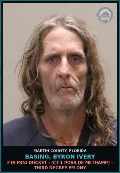 CCW arrest card for BASING, BYRON IVERY in Martin County: (BOB) - POSSESS CNTRL SUB WO PRESCRIPTION (METHAMPHETAMINES) - Third Degree Felony