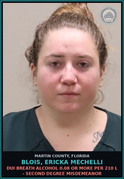 CCW arrest card for BLOIS, ERICKA MECHELLI in Martin County: DUI BREATH ALCOHOL 0.08 OR MORE PER 210 L - Second Degree Misdemeanor