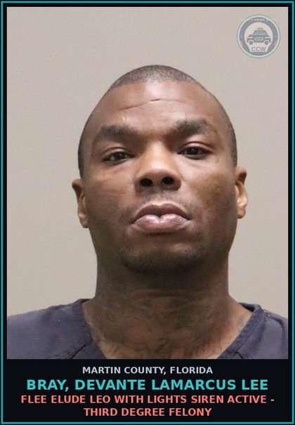 CCW arrest card for BRAY, DEVANTE LAMARCUS LEE in Martin County: FLEE ELUDE LEO WITH LIGHTS SIREN ACTIVE - Third Degree Felony