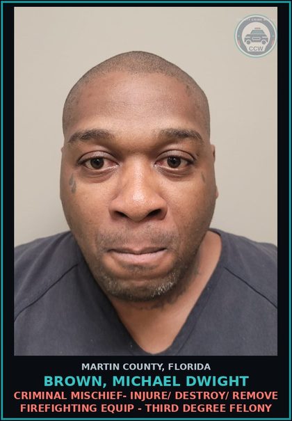 CCW arrest card for BROWN, MICHAEL DWIGHT in Martin County: CRIMINAL MISCHIEF- INJURE/ DESTROY/ REMOVE FIREFIGHTING EQUIP - Third Degree Felony