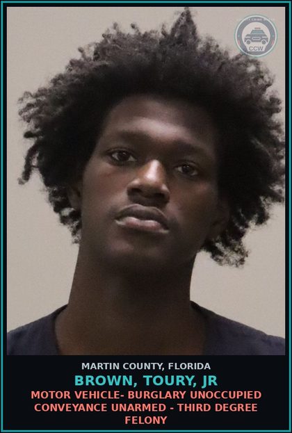 CCW arrest card for BROWN, TOURY, Jr in Martin County: MOTOR VEHICLE- BURGLARY UNOCCUPIED CONVEYANCE UNARMED - Third Degree Felony