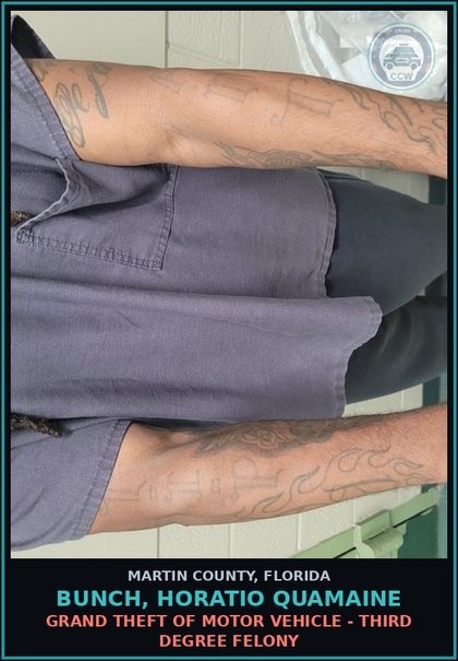 CCW arrest card for BUNCH, HORATIO QUAMAINE in Martin County: GRAND THEFT OF MOTOR VEHICLE - Third Degree Felony
