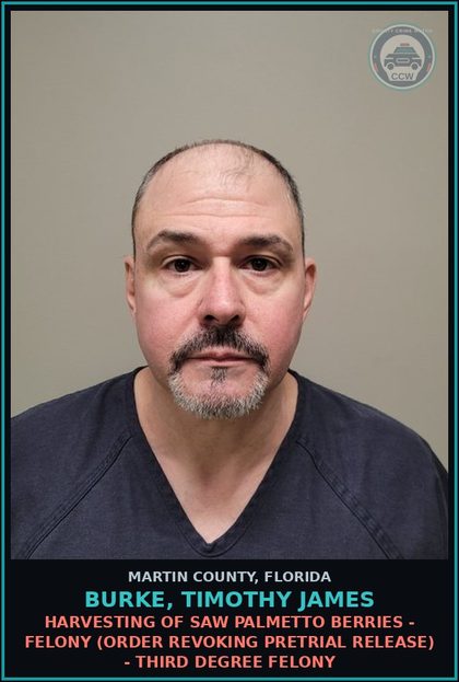 CCW arrest card for BURKE, TIMOTHY JAMES in Martin County: HARVESTING OF SAW PALMETTO BERRIES - FELONY (ORDER REVOKING PRETRIAL RELEASE) - Third Degree Felony