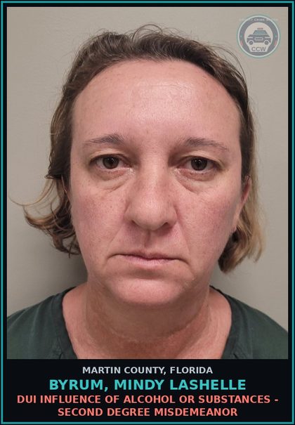 CCW arrest card for BYRUM, MINDY LASHELLE in Martin County: DUI INFLUENCE OF ALCOHOL OR DRUGS - Second Degree Misdemeanor