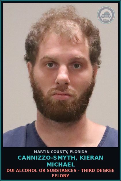 CCW arrest card for CANNIZZO-SMYTH, KIERAN MICHAEL in Martin County: OPERATE MOTOR VEHICLE WO VALID LICENSE - Second Degree Misdemeanor
