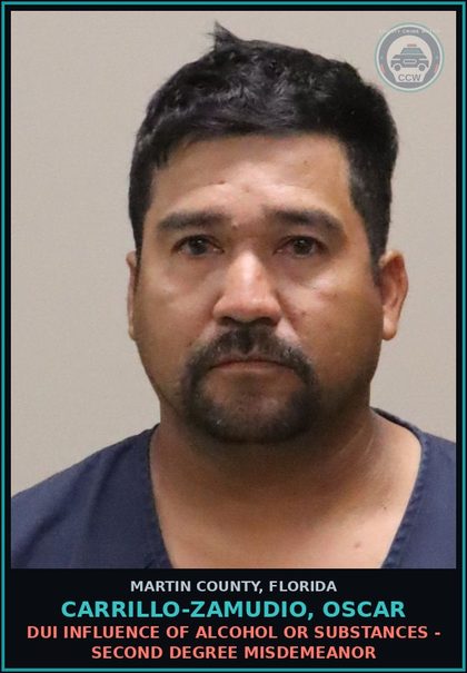 CCW arrest card for CARRILLO-ZAMUDIO, OSCAR in Martin County: OPERATE MOTOR VEHICLE WO VALID LICENSE - Second Degree Misdemeanor
