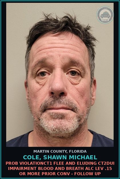 CCW arrest card for COLE, SHAWN MICHAEL in Martin County: PROB VIOLATIONCT1 FLEE AND ELUDING CT2DUI IMPAIRMENT BLOOD AND BREATH ALC LEV .15 OR MORE PRIOR CONV - Follow up