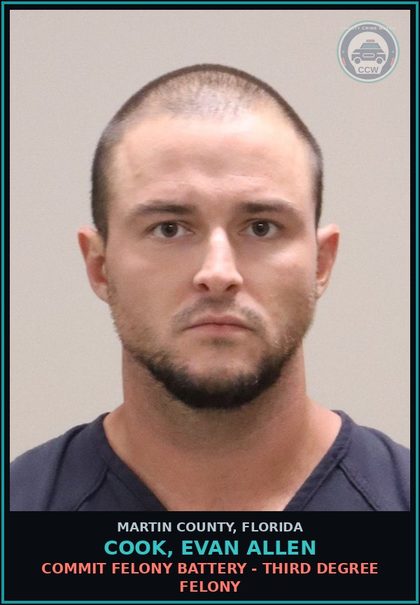 CCW arrest card for COOK, EVAN ALLEN in Martin County: COMMIT FELONY BATTERY - Third Degree Felony