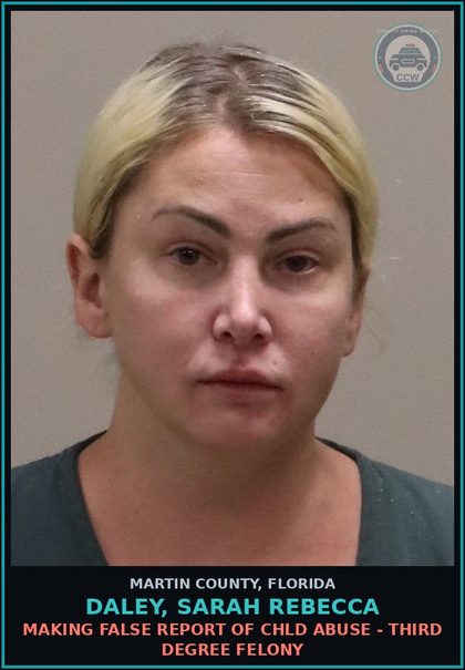CCW arrest card for DALEY, SARAH REBECCA in Martin County: MAKING FALSE REPORT OF chld ABUSE - Third Degree Felony