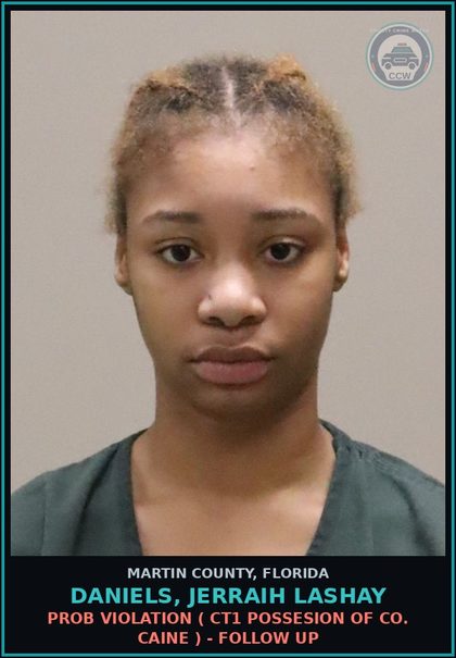 CCW arrest card for DANIELS, JERRAIH LASHAY in Martin County: PROB VIOLATION ( CT1 POSSESION OF COCAINE ) - Follow up