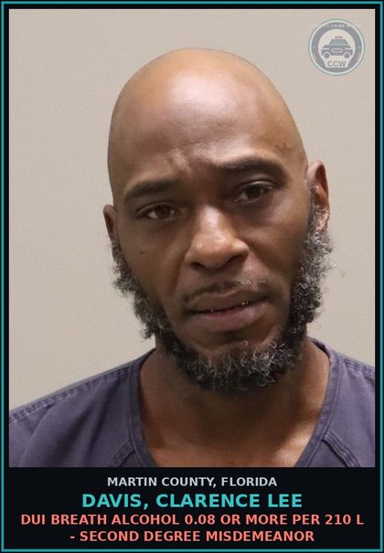 CCW arrest card for DAVIS, CLARENCE LEE in Martin County: DUI BREATH ALCOHOL 0.08 OR MORE PER 210 L - Second Degree Misdemeanor