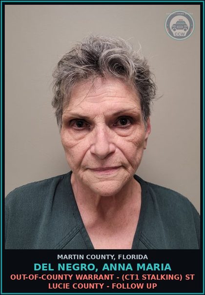 CCW arrest card for DEL NEGRO, ANNA MARIA in Martin County: OUT-OF-COUNTY WARRANT - (CT1 STALKING) ST LUCIE COUNTY - Follow up