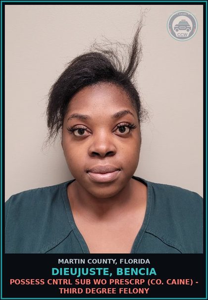 CCW arrest card for DIEUJUSTE, BENCIA in Martin County: DWLSR OR REVOCATION EQUIV STATUS - Second Degree Misdemeanor