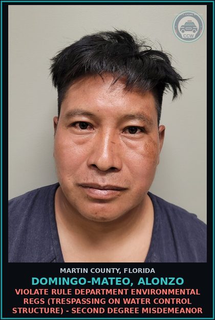 CCW arrest card for DOMINGO-MATEO, ALONZO in Martin County: VIOLATE RULE DEPARTMENT ENVIRONMENTAL REGS (TRESPASSING ON WATER CONTROL STRUCTURE) - Second Degree Misdemeanor
