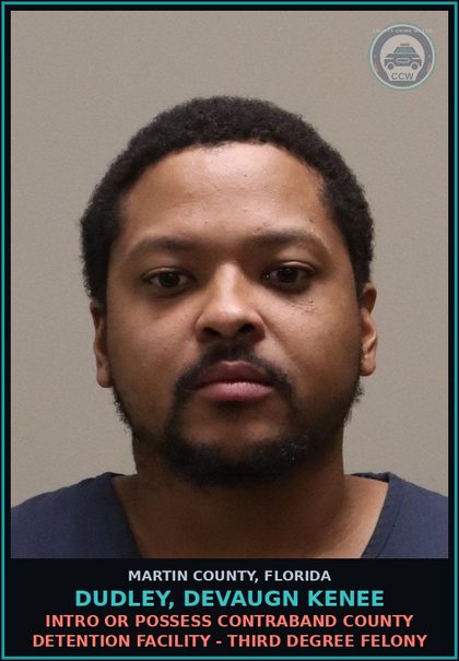 CCW arrest card for DUDLEY, DEVAUGN KENEE in Martin County: POSSESSION NOT MORE THAN 20 GRAMS OF Canna - First Degree Misdemeanor