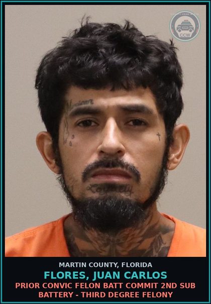 CCW arrest card for FLORES, JUAN CARLOS in Martin County: PRIOR CONVIC FELON BATT COMMIT 2ND SUB BATTERY - Third Degree Felony