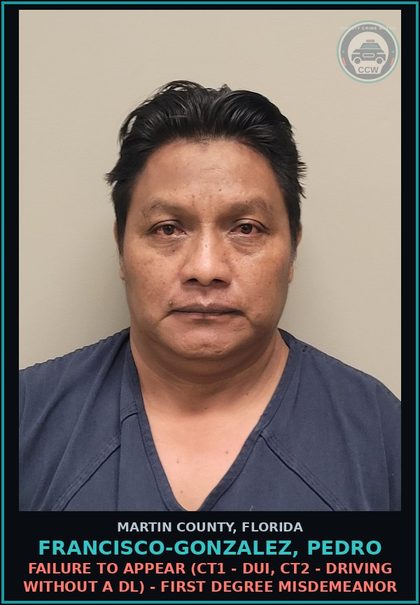 CCW arrest card for FRANCISCO-GONZALEZ, PEDRO in Martin County: FAILURE TO APPEAR (CT1 - DUI, CT2 - DRIVING WITHOUT A DL) - First Degree Misdemeanor