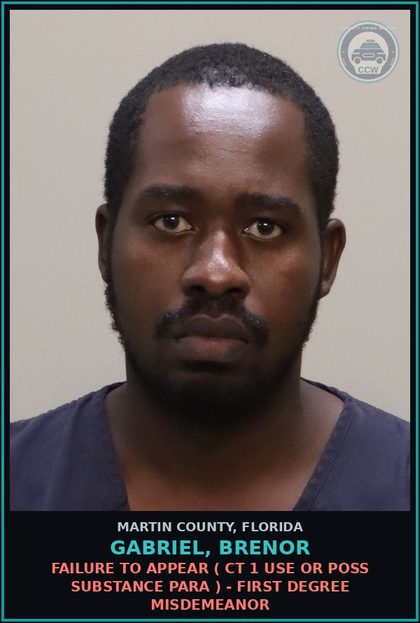 CCW arrest card for GABRIEL, BRENOR in Martin County: FAILURE TO APPEAR ( CT 1 USE OR POSS DRUG PARA ) - First Degree Misdemeanor