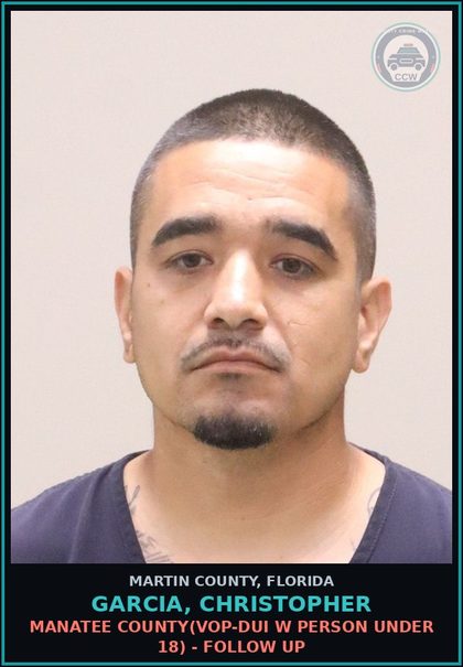 CCW arrest card for GARCIA, CHRISTOPHER in Martin County: DWLSR OR REVOCATION EQUIV STATUS SUBSQ OFF - First Degree Misdemeanor