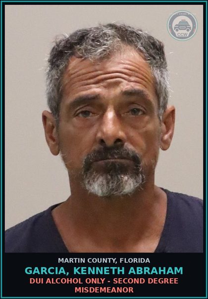 CCW arrest card for GARCIA, KENNETH ABRAHAM in Martin County: DUI  ALCOHOL ONLY - Second Degree Misdemeanor