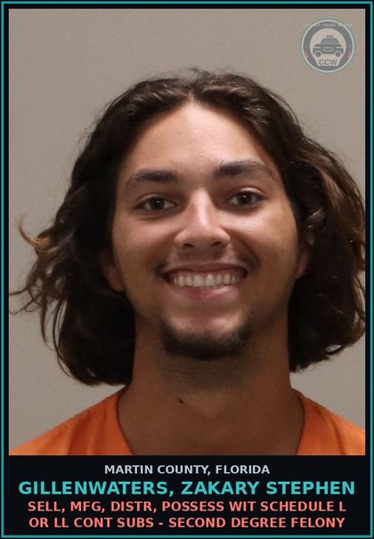 CCW arrest card for GILLENWATERS, ZAKARY STEPHEN in Martin County: POSSESS OF PSILOCYBIN - Third Degree Felony